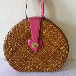 Y2K VINTAGE JUICY COUTURE WOVEN STRAW WICKER HATBOX BAG PINK/ GREEN